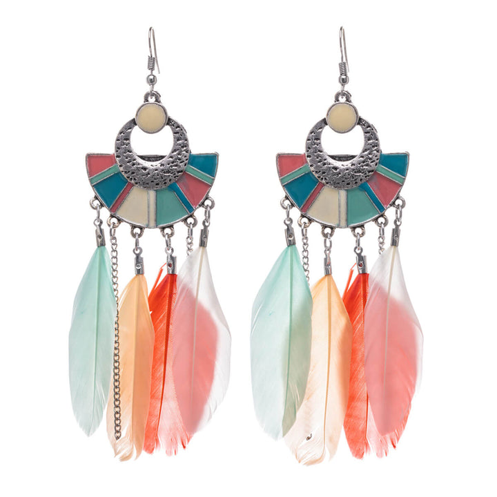 Big feather earrings with chains