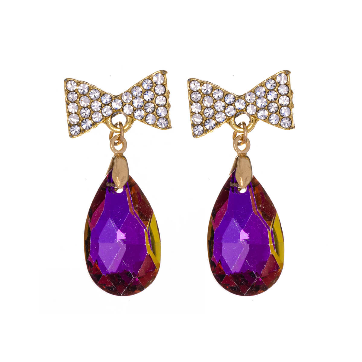 Sparkling bow earrings with dangling teardrops