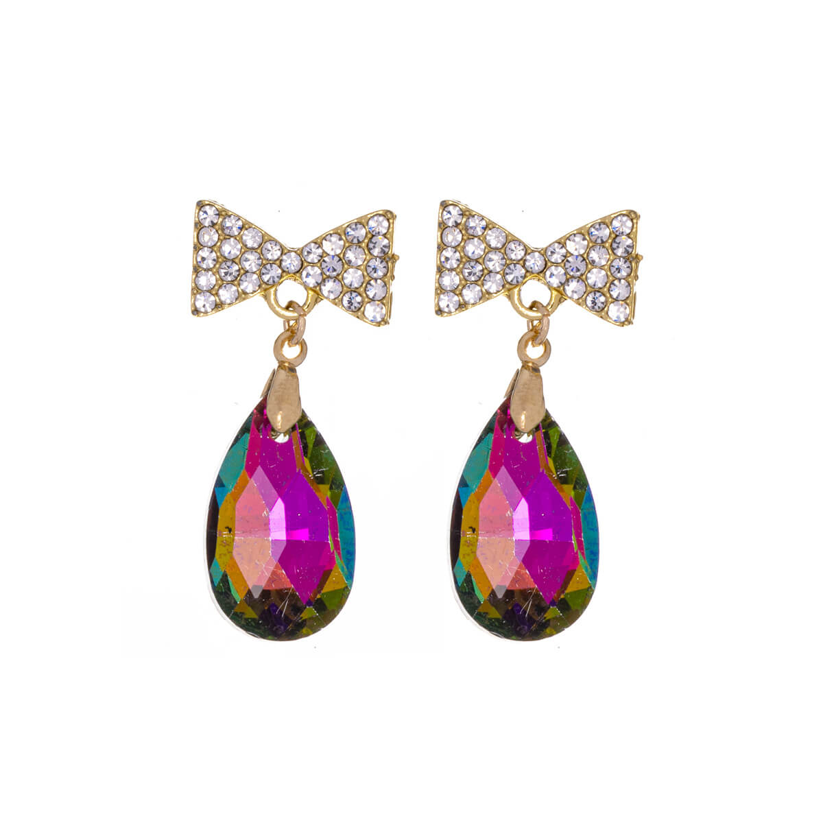 Sparkling bow earrings with dangling teardrops