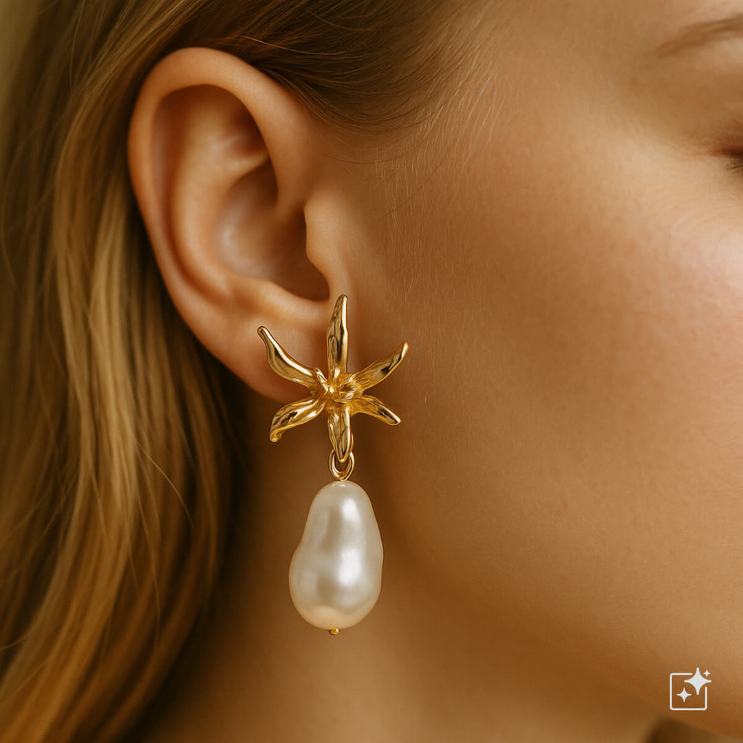 Flower earrings with pearl pendant