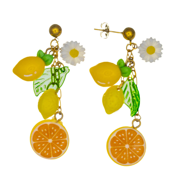 Färgglada örhängen med citron- och blommotiv – hängande örhängen av kirurgiskt stål