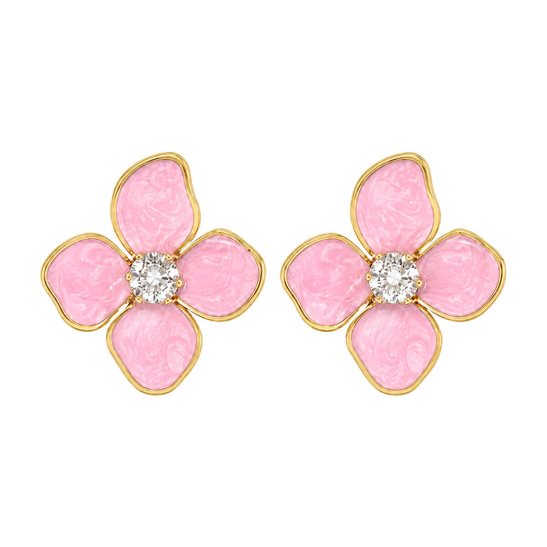 Colored flower earrings with cubic zirconia stones - gold-plated steel (316L steel)