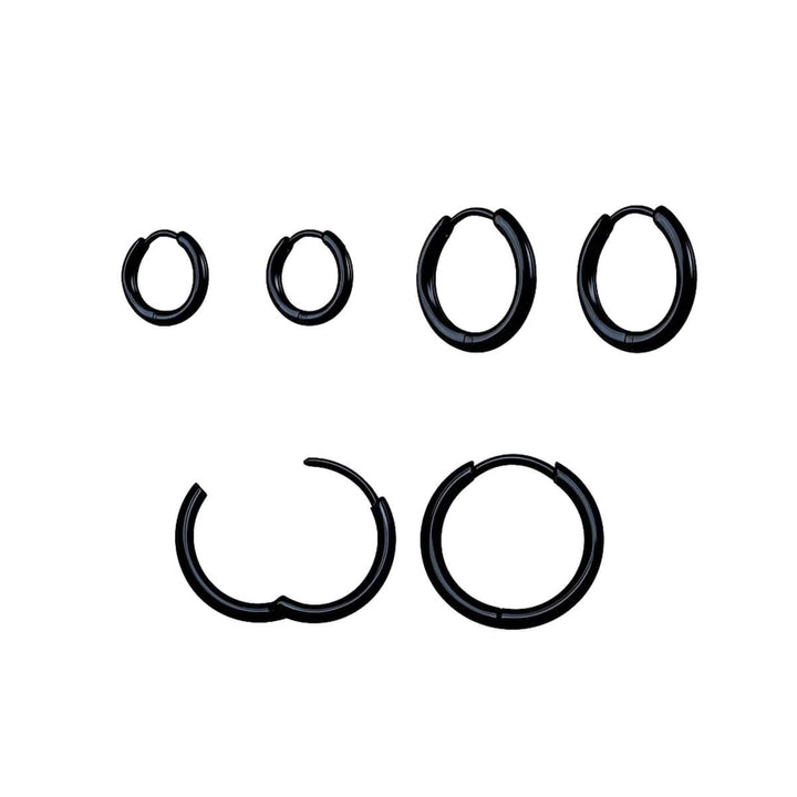 Black small steel ear rings, set of 3 pairs (8 mm, 10 mm & 12 mm)