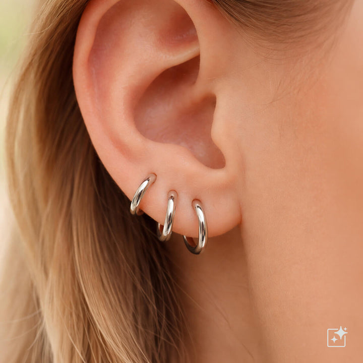 Small steel ear rings, set of 3 pairs (8 mm, 10 mm, and 12 mm)