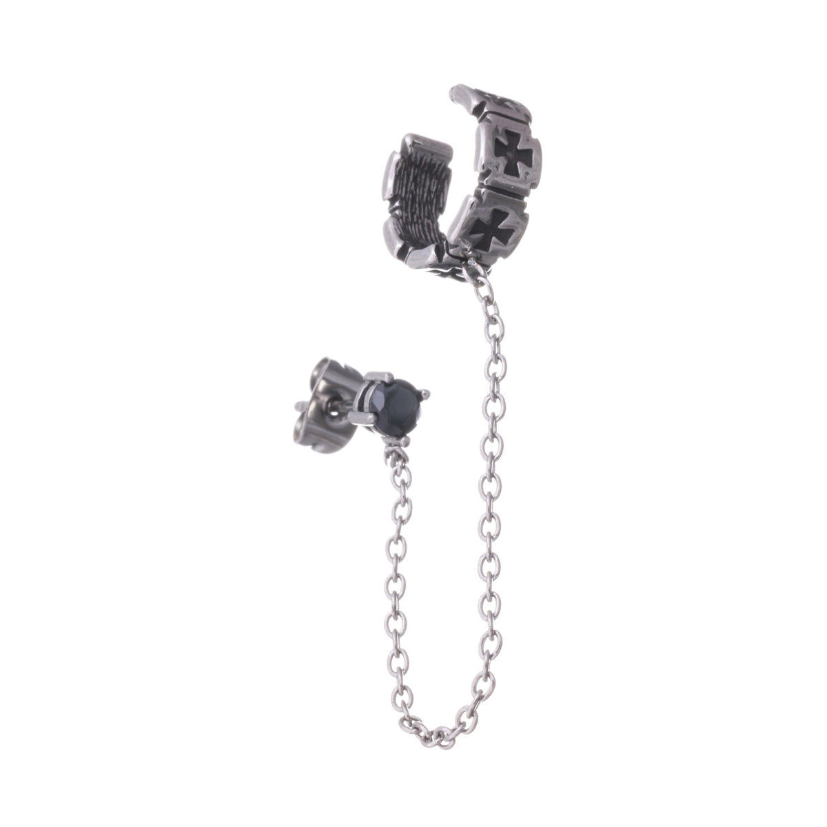 Iron cross ear cuff chain earring 1pc (Steel 316L)