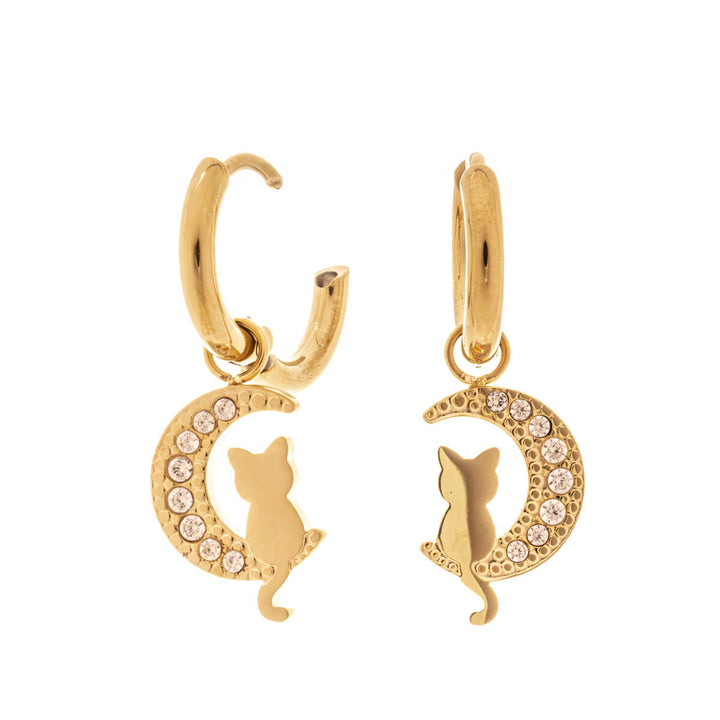 Cat crescent moon pendant earrings with zirconia stones (Steel 316L)