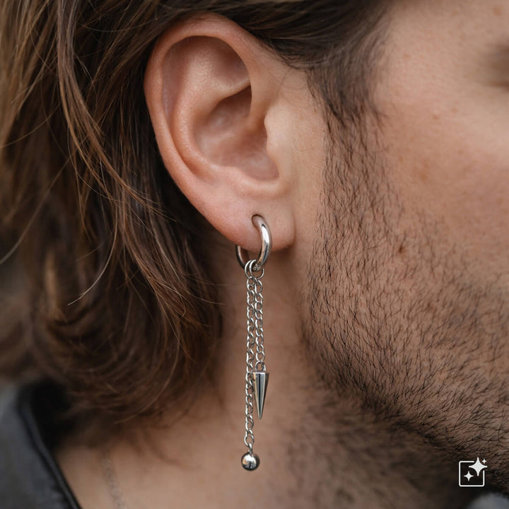 Ear rings with chain & spike and ball pendants – surgical steel (316L)