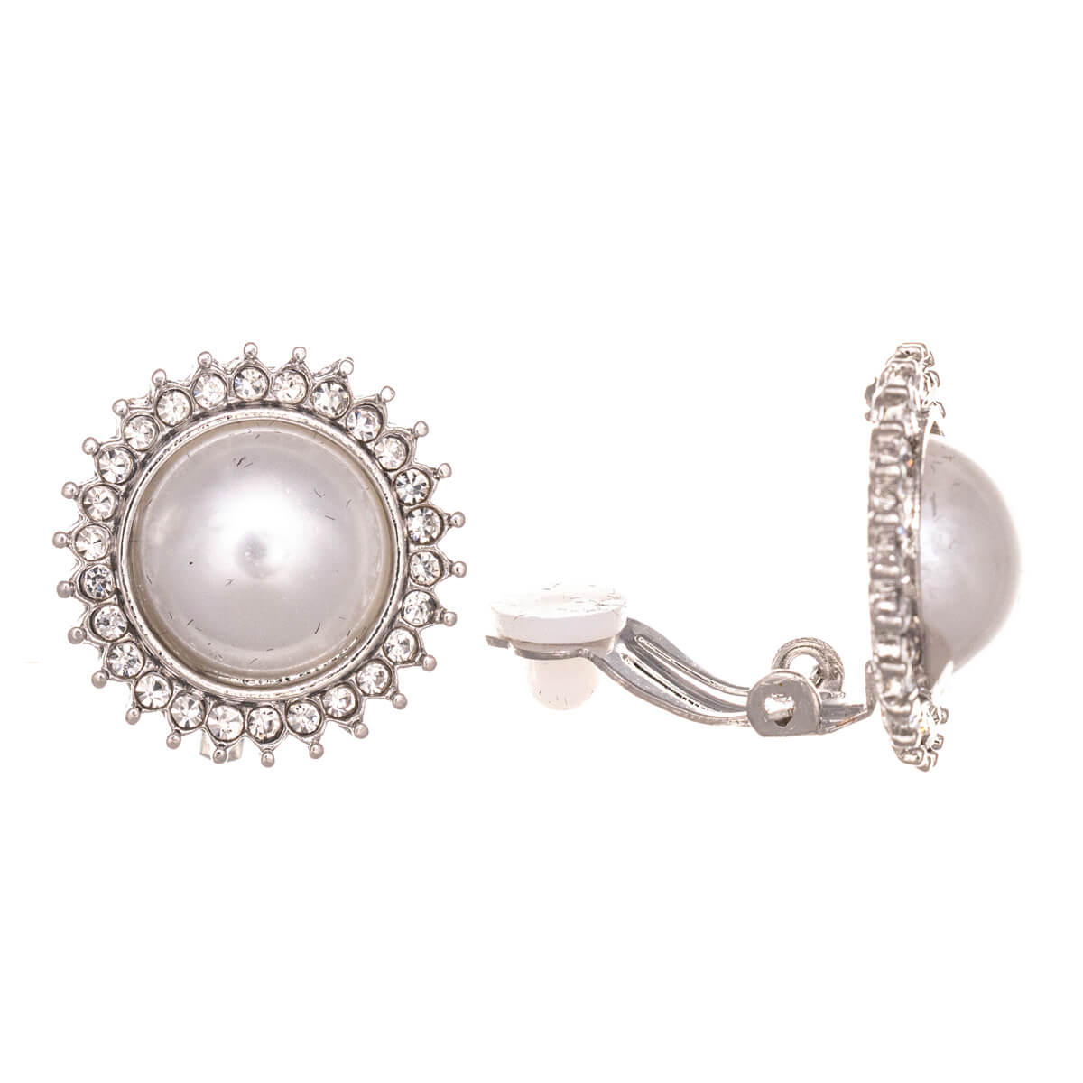 Round pearl rhinestone clip earrings