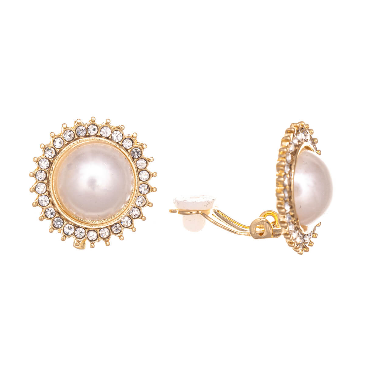 Round pearl rhinestone clip earrings