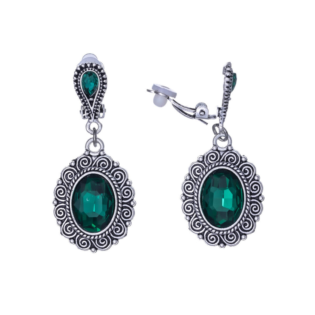 Hanging oval clip-on earrings with glass stones