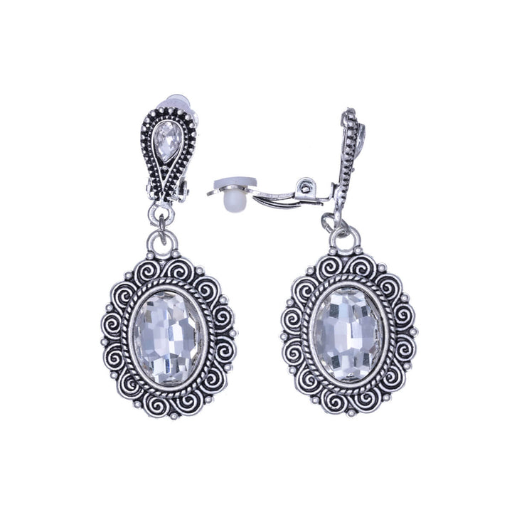 Hanging oval clip-on earrings with glass stones