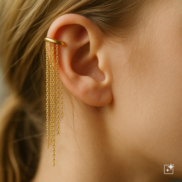 Long chains ring ear cuff with cartilage (Steel 316L)