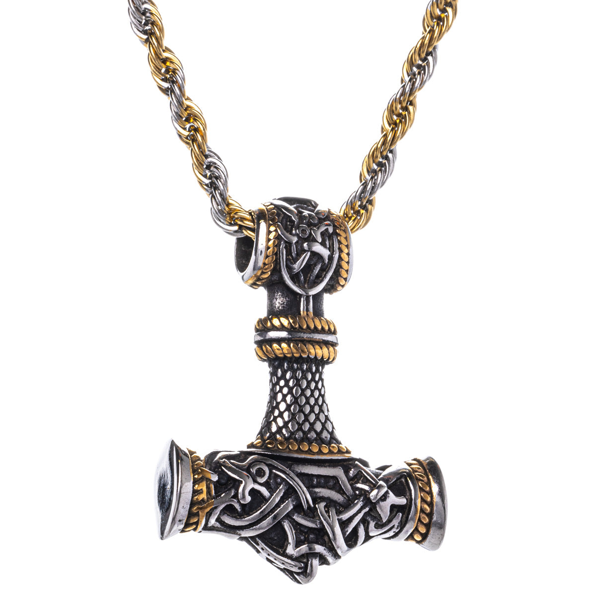 Tvåfärgat Mjölnir-halsband med hänge i form av Tors hammare (Stål 316L)