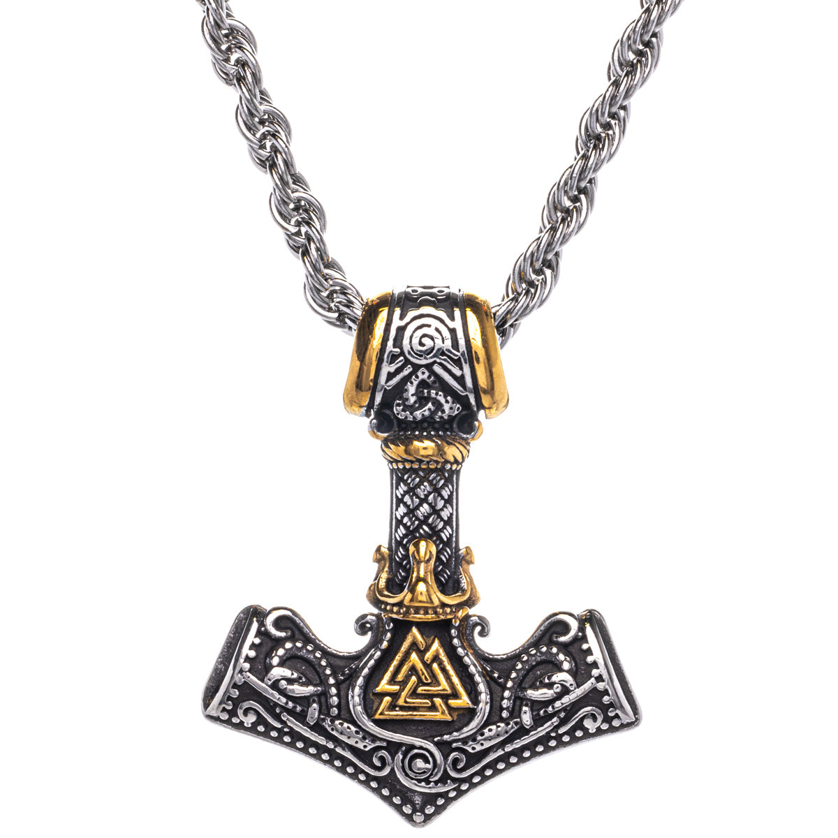 Tvåfärgat halsband med hängsmycke av Tors hammare Mjölnir och symbol för vit nöt (stål 316L)