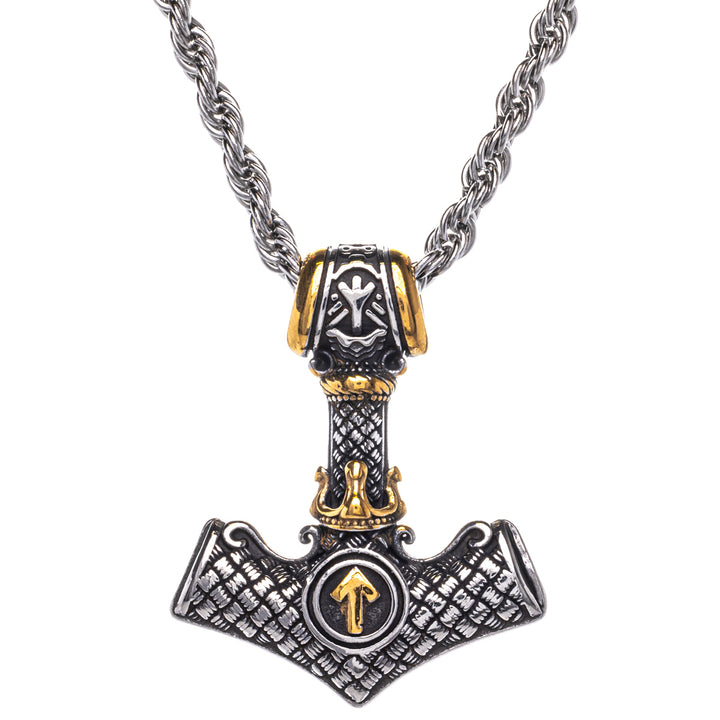 Two-tone Thor's hammer Mjölnir pendant necklace with White Nut symbol (Steel 316L)