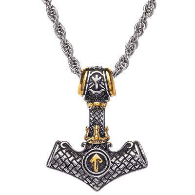 Two-tone Thor's hammer Mjölnir pendant necklace with White Nut symbol (Steel 316L)