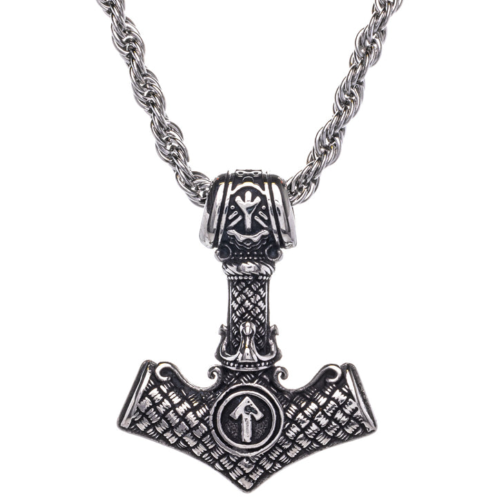 Tors hammare Mjölnir hängande halsband med vit nöt-symbol (Stål 316L)