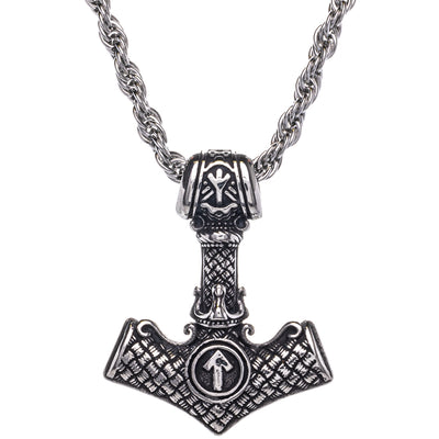 Thor's hammer Mjölnir pendant necklace with White Nut symbol (Steel 316L)