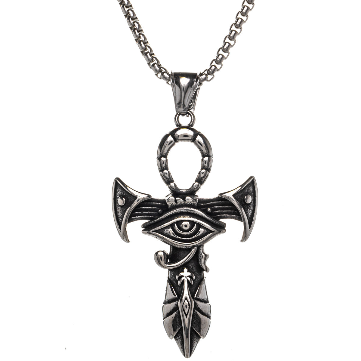 Halsband med ankh-dolk, kors och Horus öga som hänge (Stål 316L)