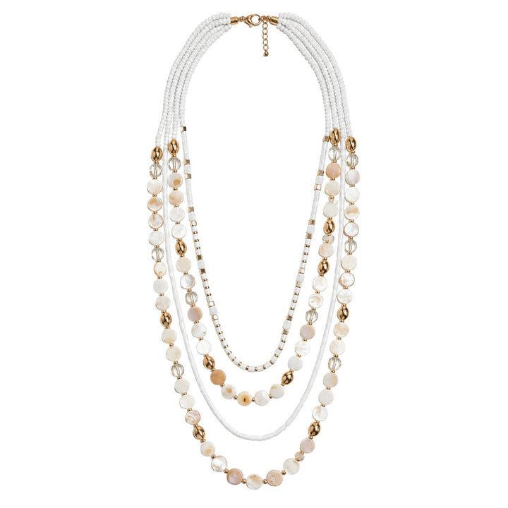 Multi-strand long necklace with shell and glass beads