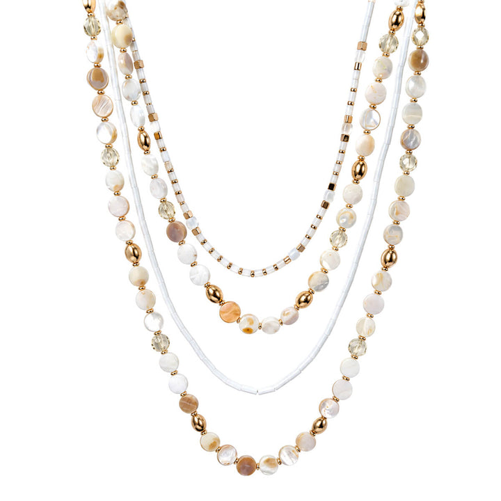 Multi-strand long necklace with shell and glass beads