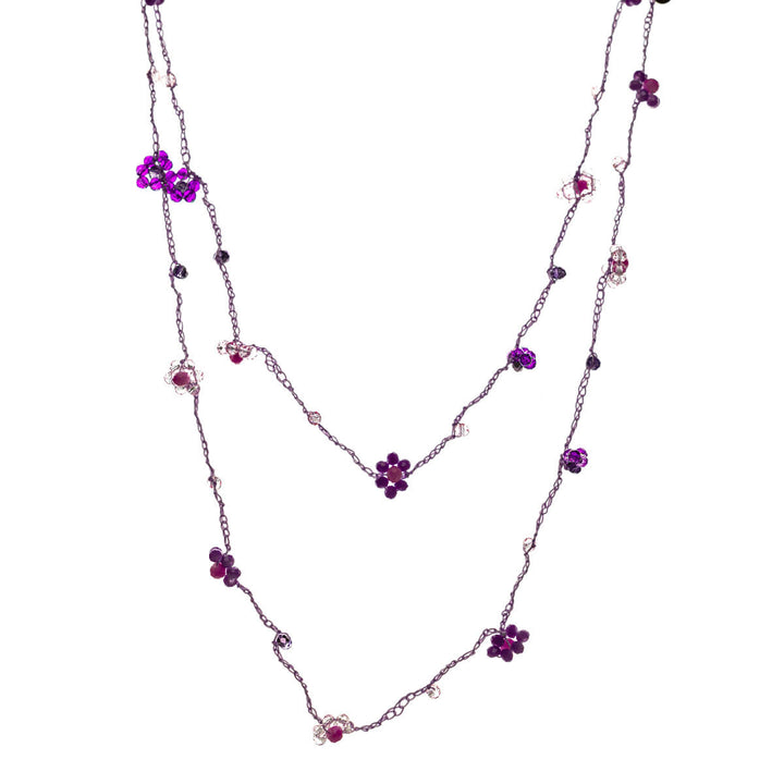 Long fabric necklace with flower decorations 120cm (Steel 316L)