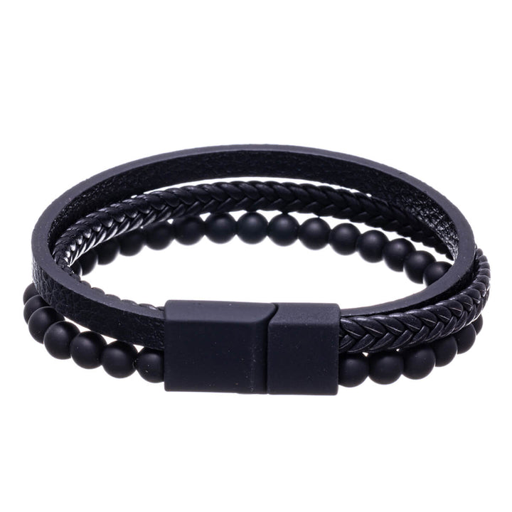 Tre rader läderarmband med glaspärlor (Stål 316L)