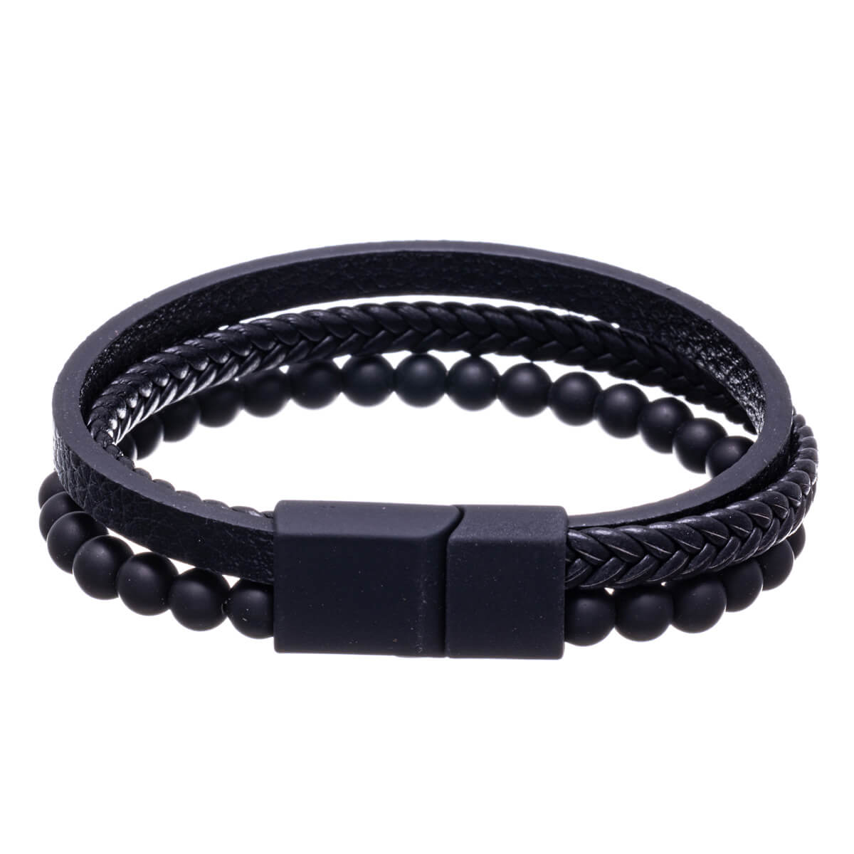 Three row leather bracelet with glass beads (Steel 316L)