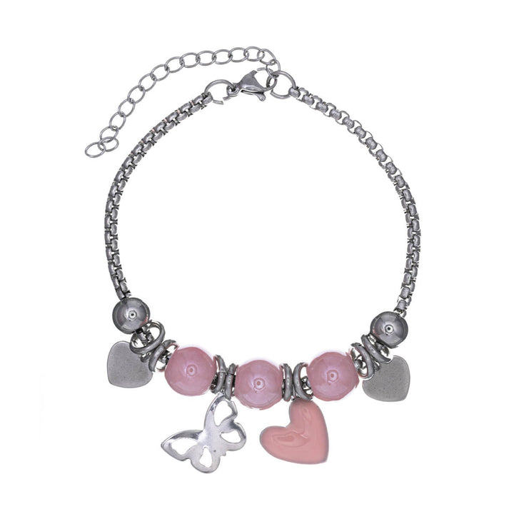 Bracelet with colourful beads and heart pendants (Steel 316L)