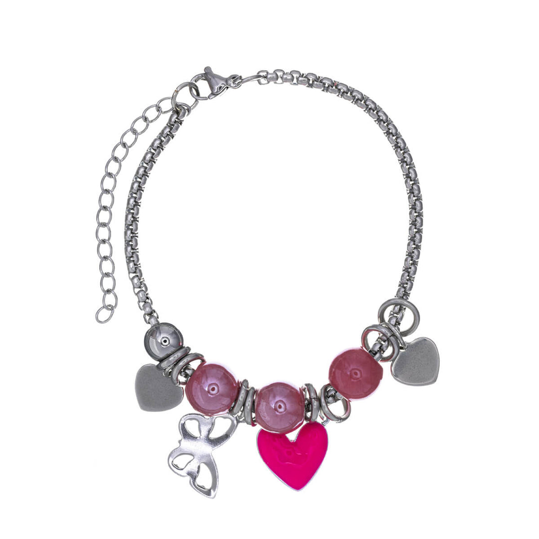 Bracelet with colourful beads and heart pendants (Steel 316L)