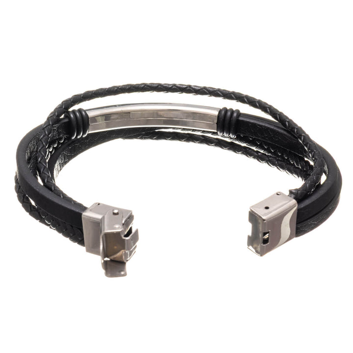 Multi row leather bracelet with steel plate (Steel 316L)