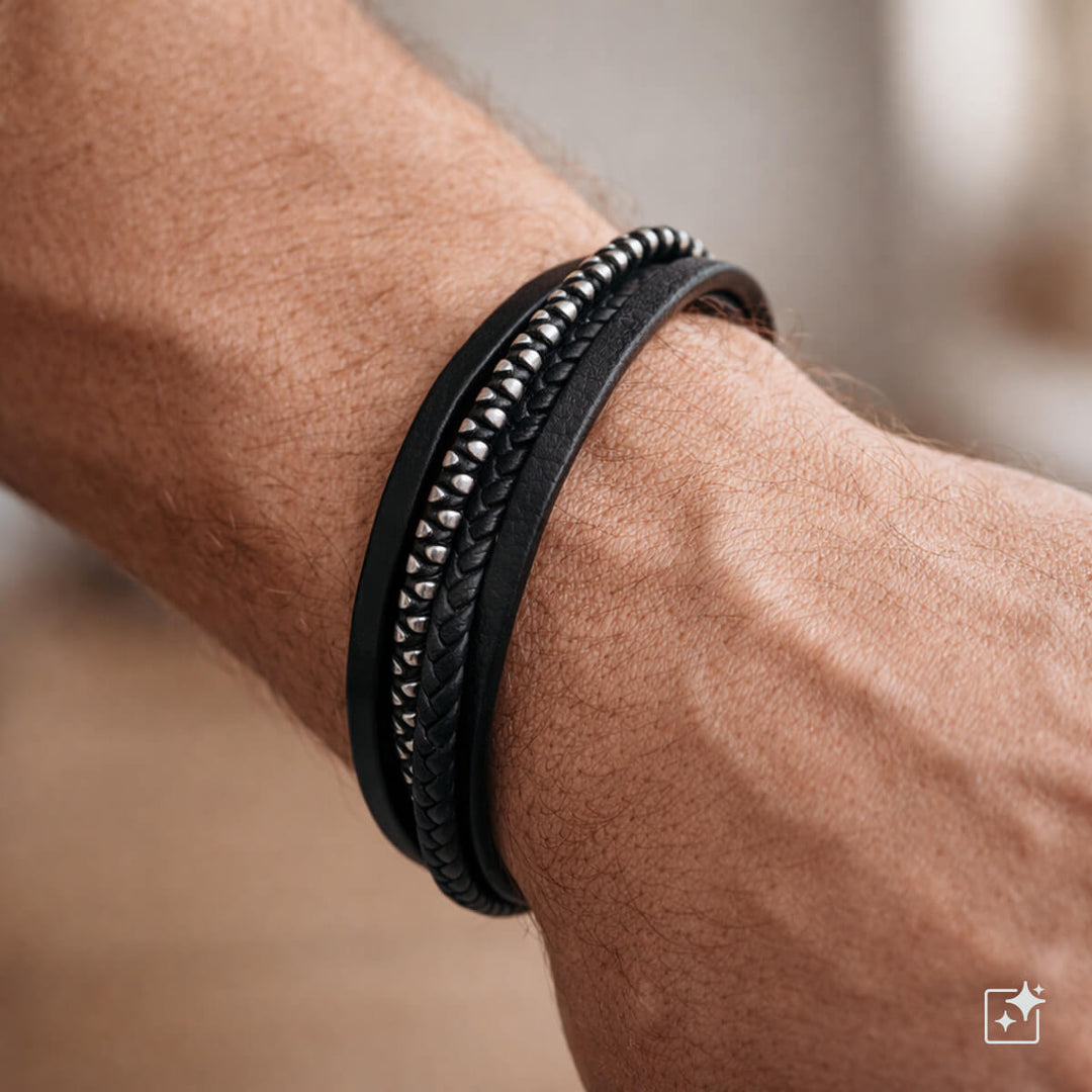 Monirivinen nahka rannekoru teräshelmet (Teräs 316L)