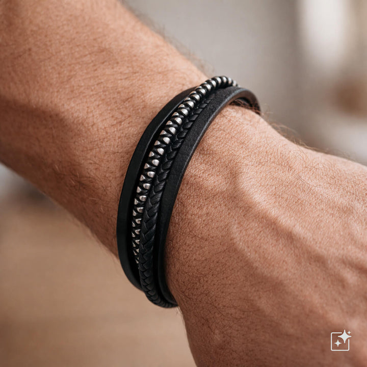 Monirivinen nahka rannekoru teräshelmet (Teräs 316L)