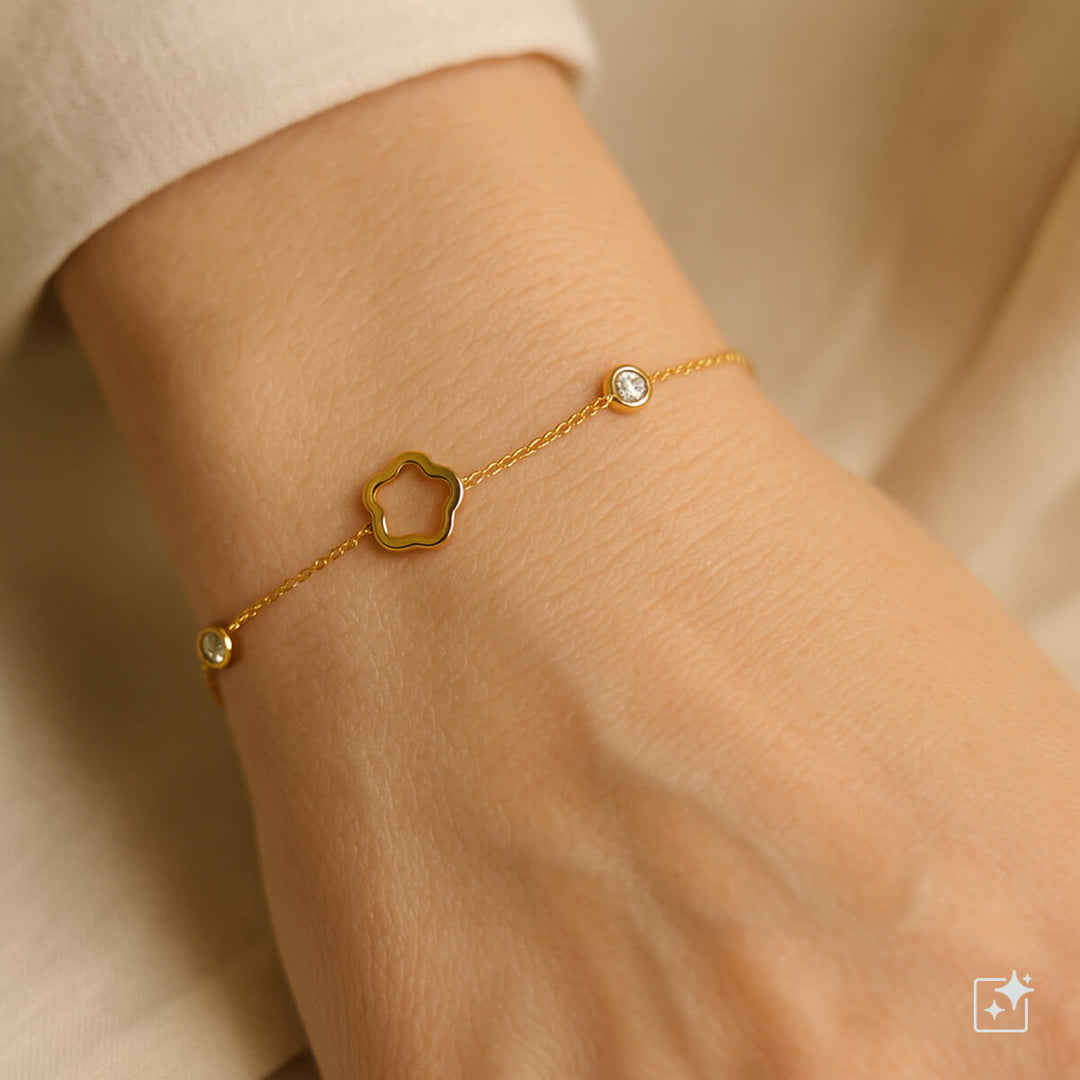 Kukka kuvioinen rannekoru zirkonia kivillä (Teräs 316L)