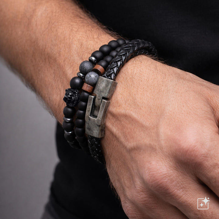 Men's bracelet set, 3 pieces – Black & steel