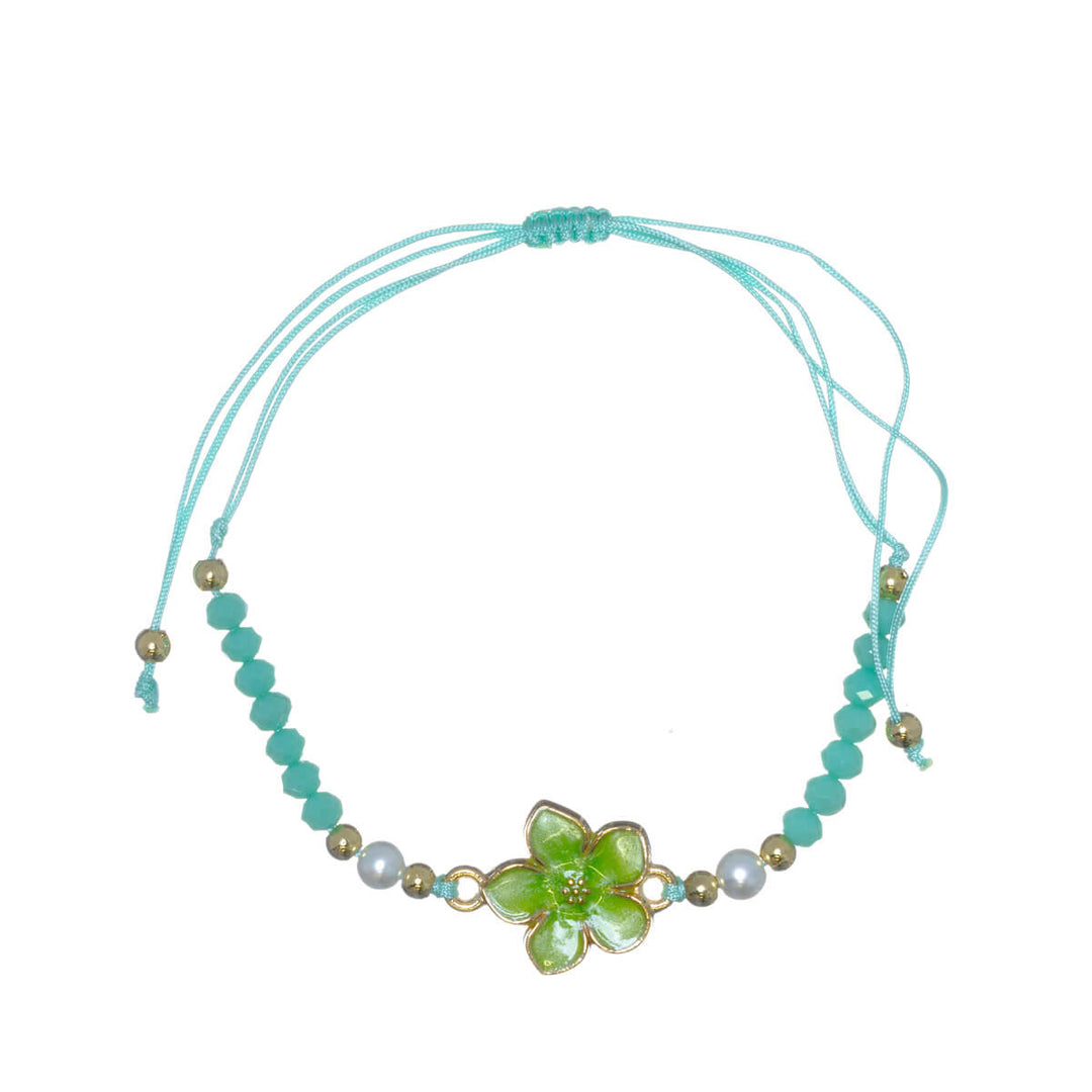 Adjustable flower bracelet with glass beads