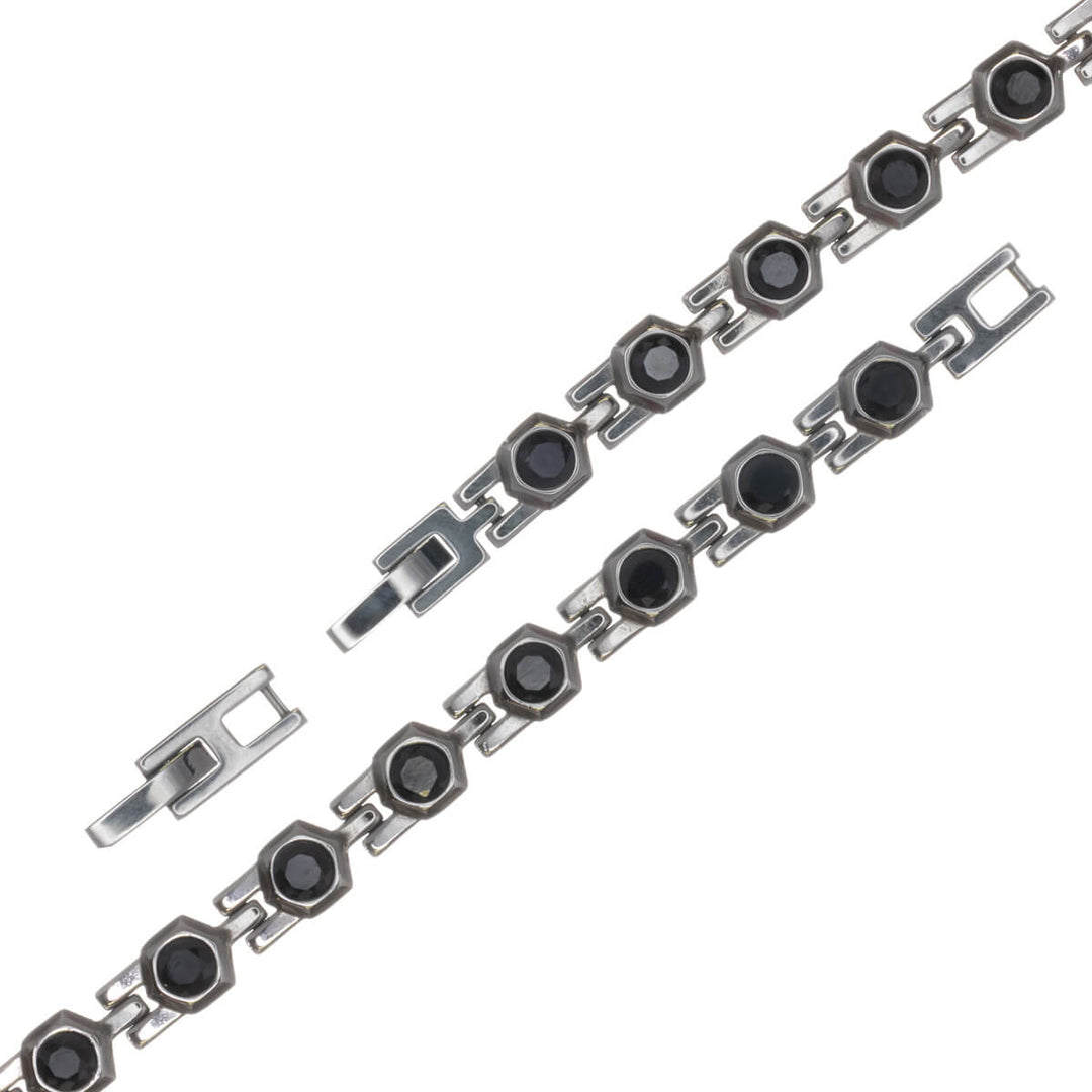 Men's steel bracelet with round black glass stones (316L steel)