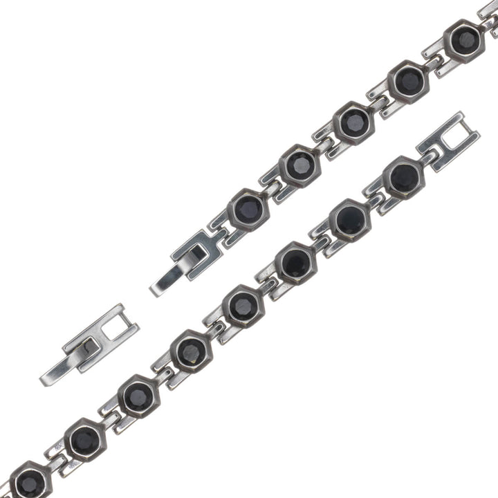 Men's steel bracelet with round black glass stones (316L steel)