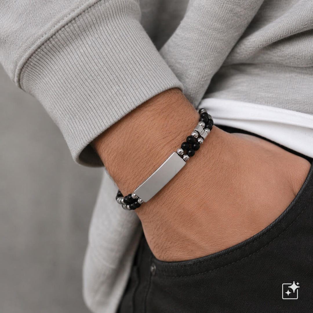 Armband med stenpärlor och stålplatta (rostfritt stål 316L)