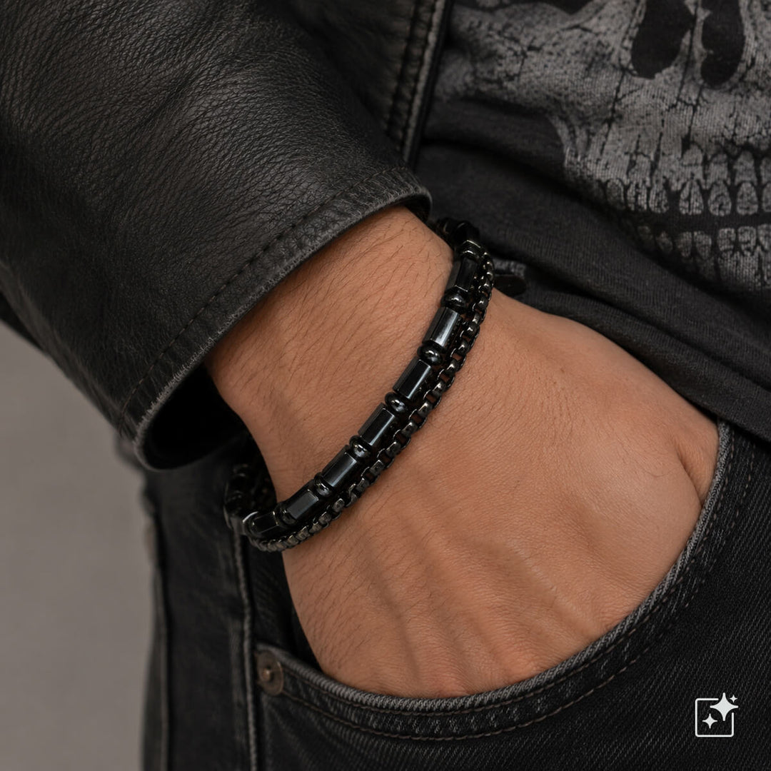 Dubbelradigt armband i stål för män med avlånga grå stenar (316L-stål)
