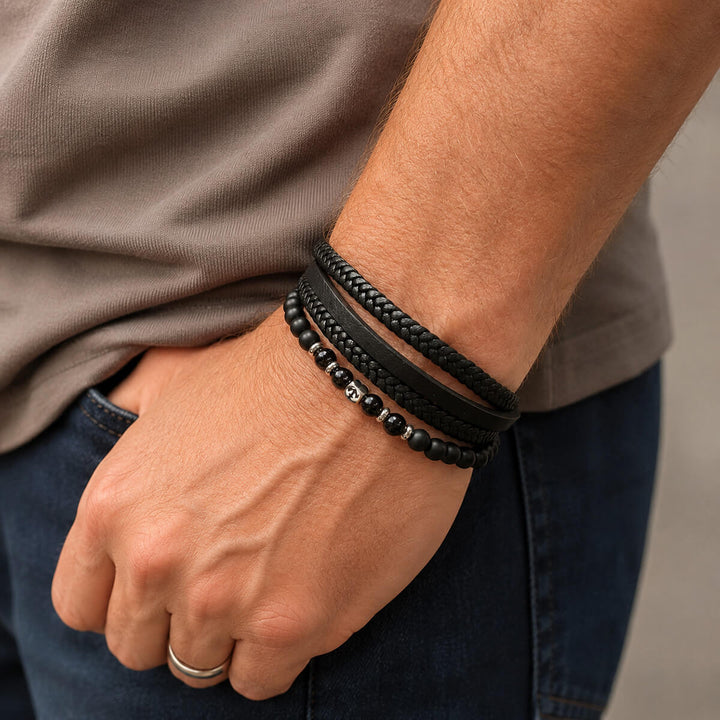 Multi-row leather bracelet with stone beads (316L stainless steel)