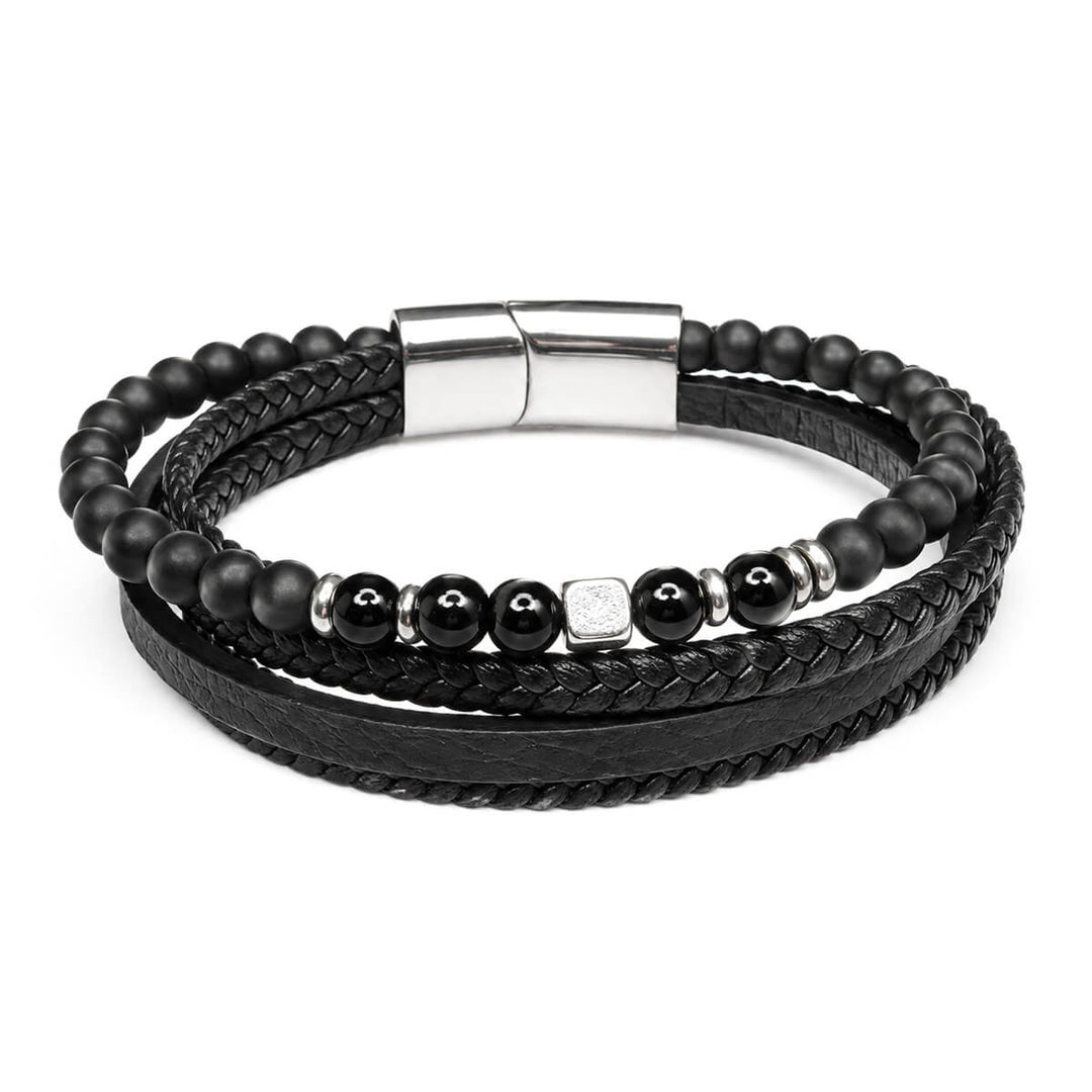 Multi-row leather bracelet with stone beads (316L stainless steel)
