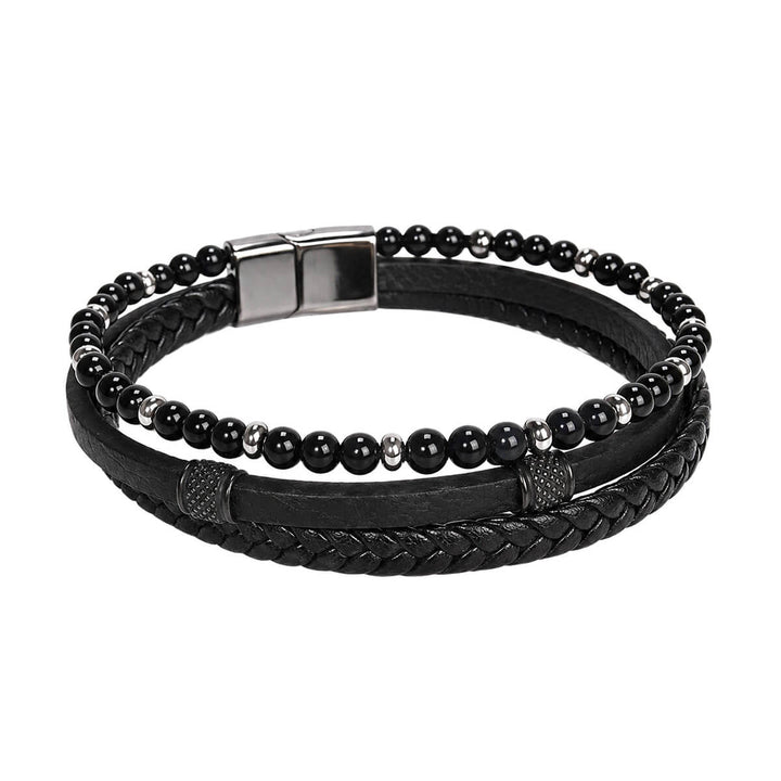 Tre-radigt läderarmband med stenpärlor (316L-stål)