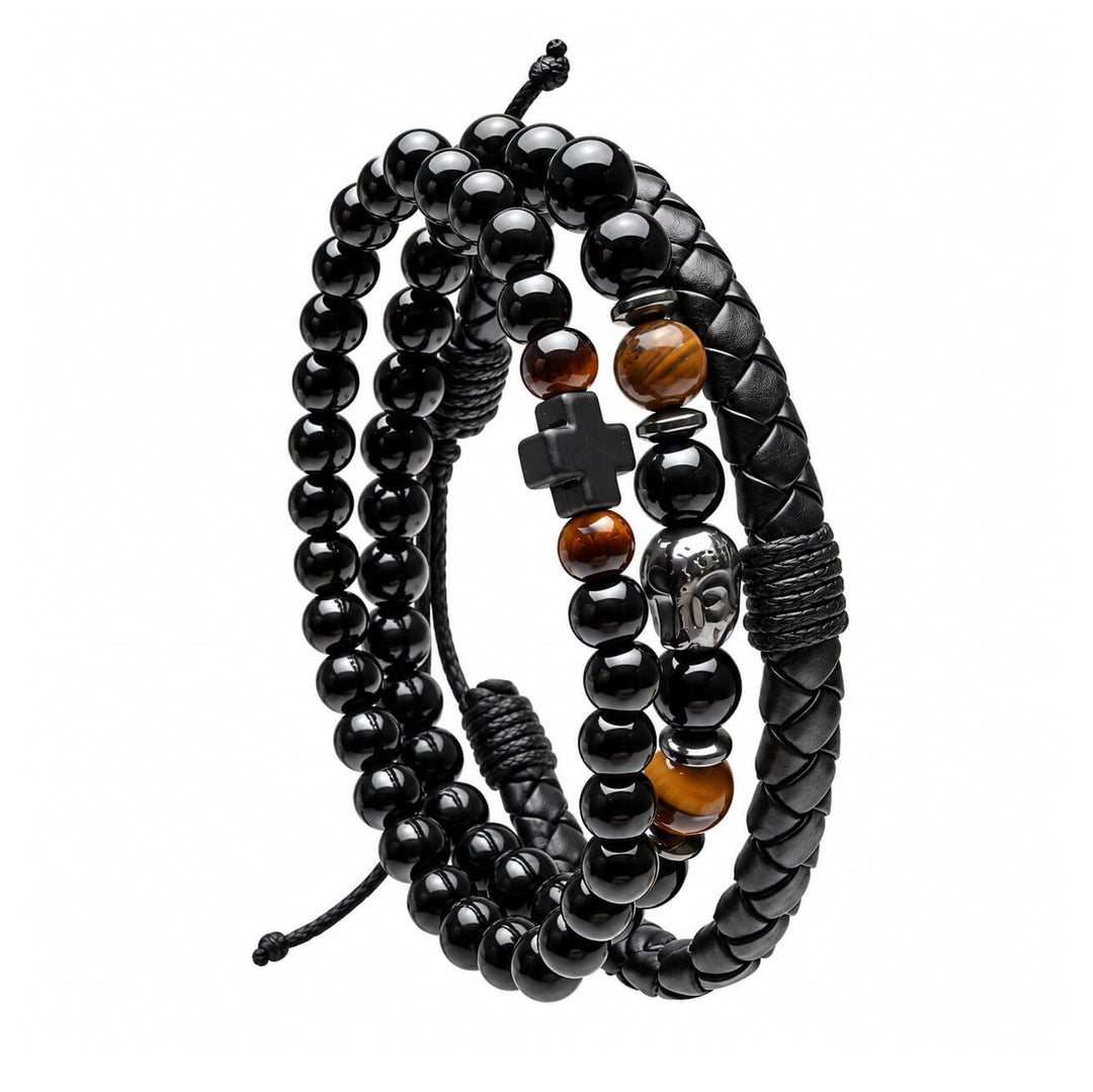 Armbandsset för män, 3 delar – Brown Cross Buddha