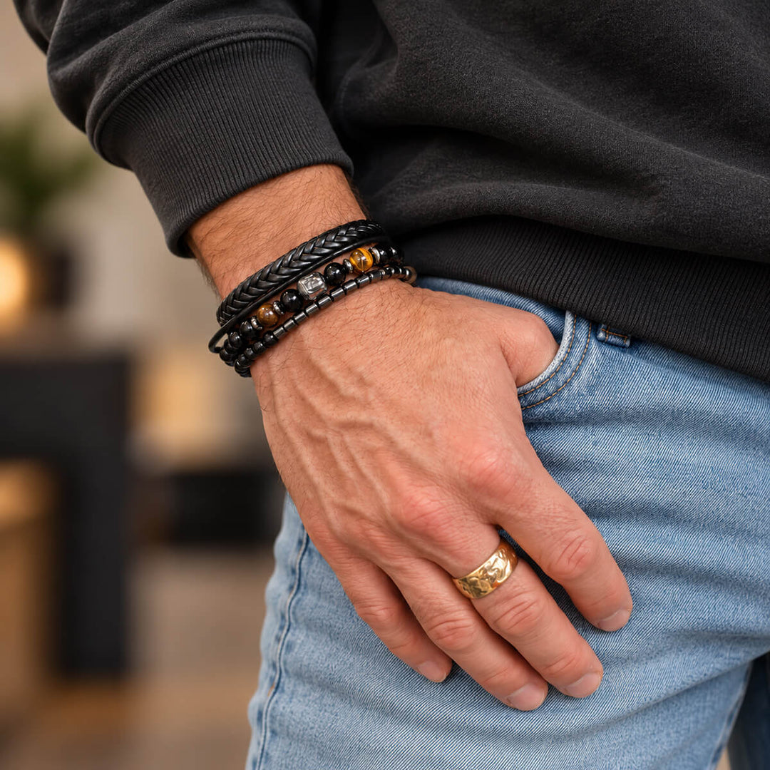 Armbandsset för män, 3 delar – Black Buddha Tiger Eye
