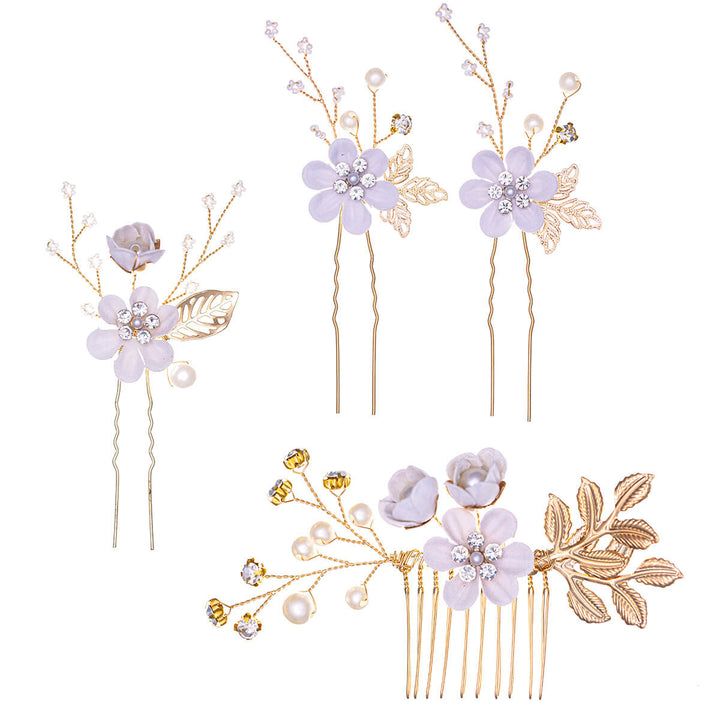 Kukka hiuskoru helmillä koristeltu 3kpl hengetön + 1kpl kampa setti