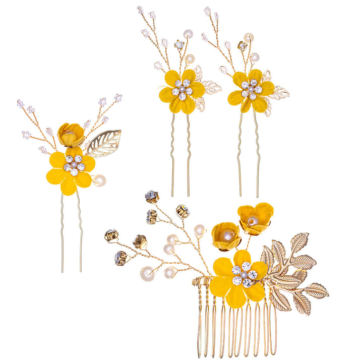 Kukka hiuskoru helmillä koristeltu 3kpl hengetön + 1kpl kampa setti