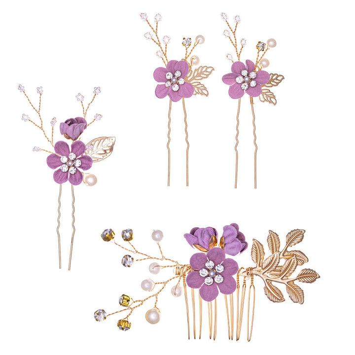 Kukka hiuskoru helmillä koristeltu 3kpl hengetön + 1kpl kampa setti