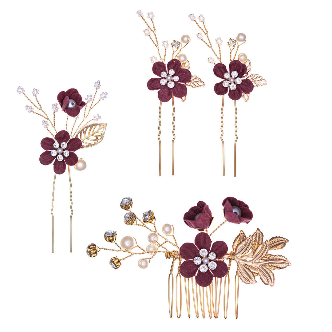 Kukka hiuskoru helmillä koristeltu 3kpl hengetön + 1kpl kampa setti