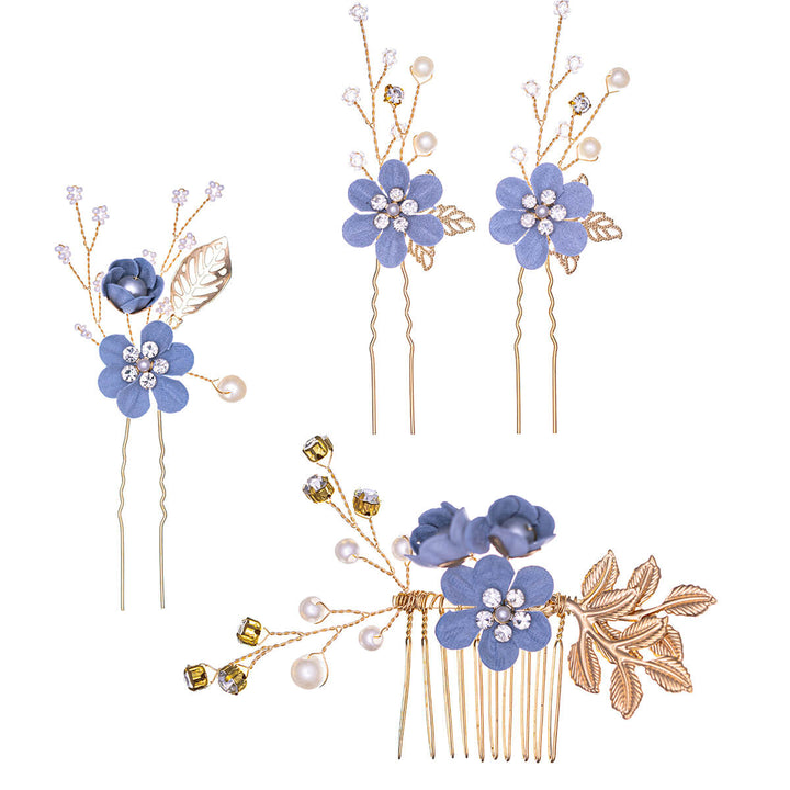 Kukka hiuskoru helmillä koristeltu 3kpl hengetön + 1kpl kampa setti